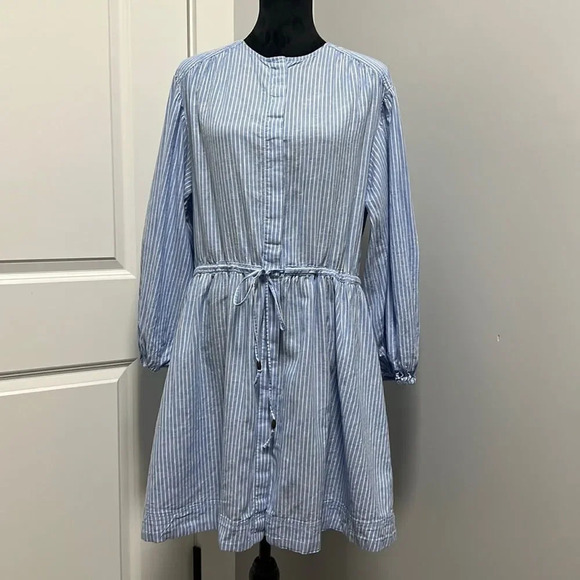 H&M Blue white striped linen blend long sleeve dress size S - Picture 1 of 8